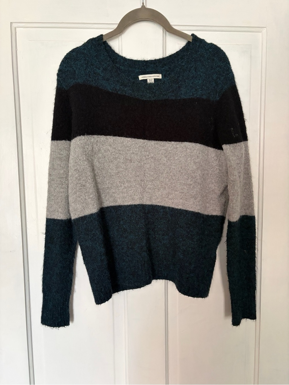 Striped Crewneck Sweater in Teal, Black & Gray - Women